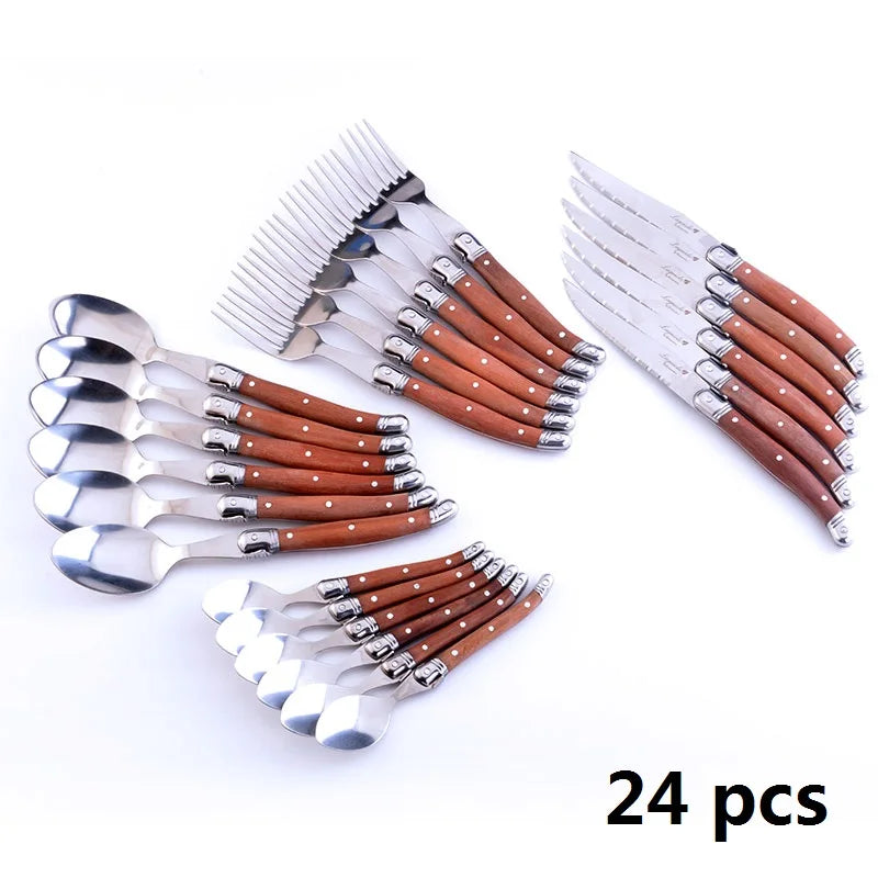 24pcs Laguiole Tableware set Wood Handle Korean Dinnerware Stainless steel 6 Steak Knives 6 Forks 6 Spoon 6 Teaspoon Cutlery